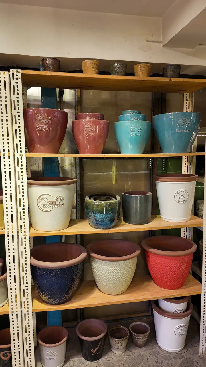 Red, turquoise and cream glazed planters on shelves